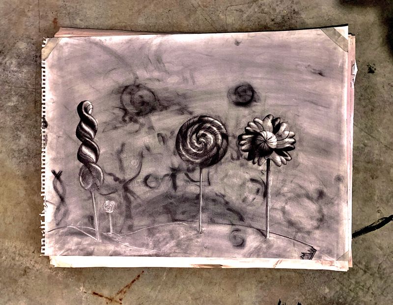 A rough graphite sketch of a detached plot of land floating in space, populated by tree-sized lollipops.