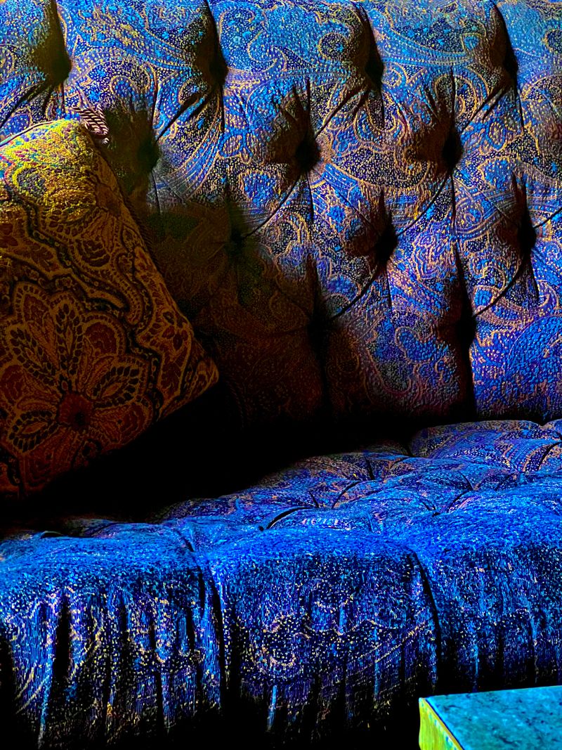 A vividly upholstered couch.