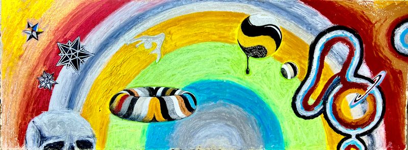 An oil pastel drawing of skulls, orbs, and orbital lineation against an iridescent background.