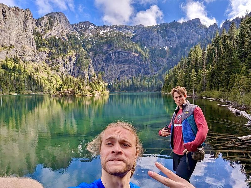Tim and I looking dumb next to a mountain lake.